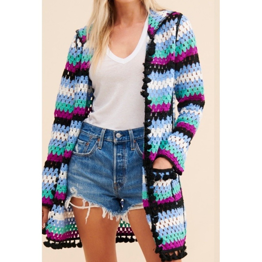 Free the Roses Crochet Hooded Open Cardigan Size M/L Colorful